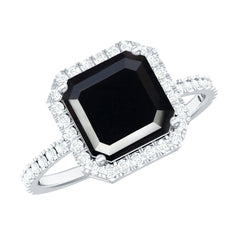 8mm Asscher Cut Black Onyx Halo Engagement Ring with Diamond