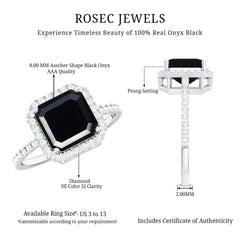 8mm Asscher Cut Black Onyx Halo Engagement Ring with Diamond