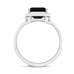 8mm Asscher Cut Black Onyx Halo Engagement Ring with Diamond