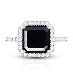 8mm Asscher Cut Black Onyx Halo Engagement Ring with Diamond