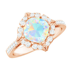Certified Real 8mm Opalescent Vintage Inspired Engagement Ring with Diamond Halo