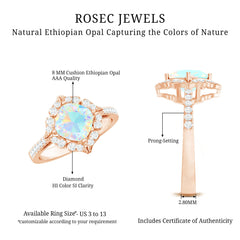 Certified Real 8mm Opalescent Vintage Inspired Engagement Ring with Diamond Halo