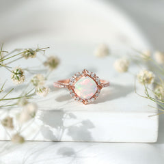 Certified Real 8mm Opalescent Vintage Inspired Engagement Ring with Diamond Halo
