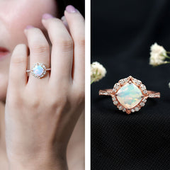 Certified Real 8mm Opalescent Vintage Inspired Engagement Ring with Diamond Halo