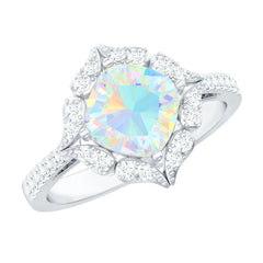 Certified Real 8mm Opalescent Vintage Inspired Engagement Ring with Diamond Halo