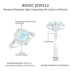 Certified Real 8mm Opalescent Vintage Inspired Engagement Ring with Diamond Halo