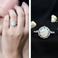 Certified Real 8mm Opalescent Vintage Inspired Engagement Ring with Diamond Halo