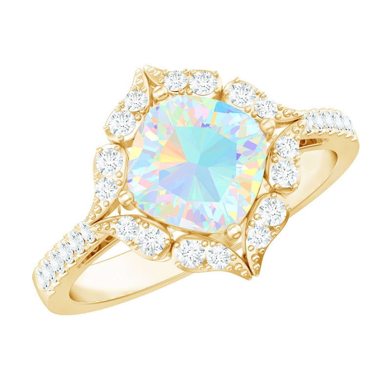 Certified Real 8mm Opalescent Vintage Inspired Engagement Ring with Diamond Halo