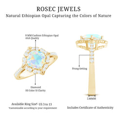 Certified Real 8mm Opalescent Vintage Inspired Engagement Ring with Diamond Halo
