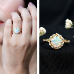 Certified Real 8mm Opalescent Vintage Inspired Engagement Ring with Diamond Halo