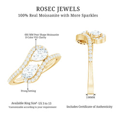 Pear Cut Moissanite 2 Stone Engagement Ring with Bypass Shank