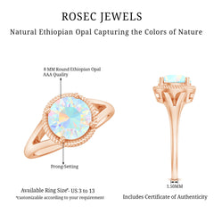 Certified Real 8 mm Round Ethiopian Opal Split Shank Engagement Ring with Twisted Rope