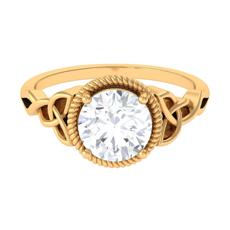 8 MM Round Zircon Solitaire Twisted Rope Ring with Gold Celtic Details