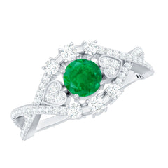 Natural Emerald Diamond Antique Style Engagement Ring with Crossover Shank