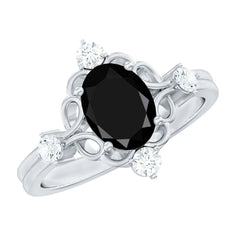 Oval Cut Solitaire Created Black Diamond Engagement Ring with Diamond