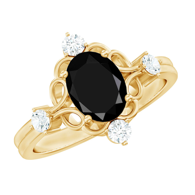 Oval Cut Solitaire Created Black Diamond Engagement Ring with Diamond