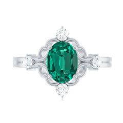 Vintage Inspired 1 Ct Lab Grown Emerald Oval Engagement Ring with Diamond