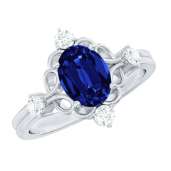 6X8 mm Oval Cut Lab Grown Blue Sapphire Oblong Engagement Ring with Diamond