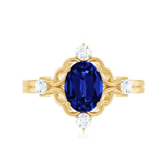 6X8 mm Oval Cut Lab Grown Blue Sapphire Oblong Engagement Ring with Diamond