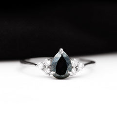 1 CT Pear Shaped Created Black Diamond Solitaire Ring with Diamond