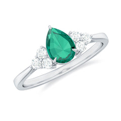 Certified Lab Grown Emerald Pear Shaped Engagement Ring with Diamond Trio