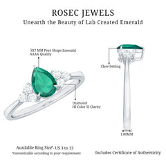 Certified Lab Grown Emerald Pear Shaped Engagement Ring with Diamond Trio