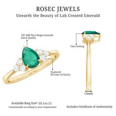 Certified Lab Grown Emerald Pear Shaped Engagement Ring with Diamond Trio
