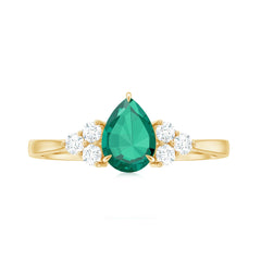 Certified Lab Grown Emerald Pear Shaped Engagement Ring with Diamond Trio