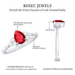 Pear Shaped Lab Ruby Engagement Ring with Diamond Trio