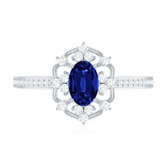 Vintage Style Created Blue Sapphire and Diamond Flower Engagement Ring