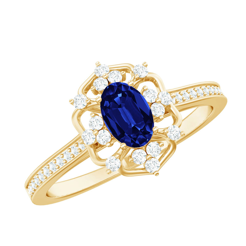 Vintage Style Created Blue Sapphire and Diamond Flower Engagement Ring