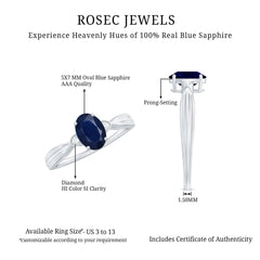 Oval Shape Real Blue Sapphire Solitaire Ring with Diamond