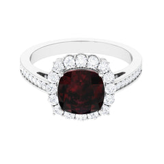 Real 8mm Garnet Cushion Cut Engagement Ring with Diamond Halo