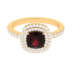 Natural 8mm Cushion Cut Garnet Diamond Double Halo Engagement Ring