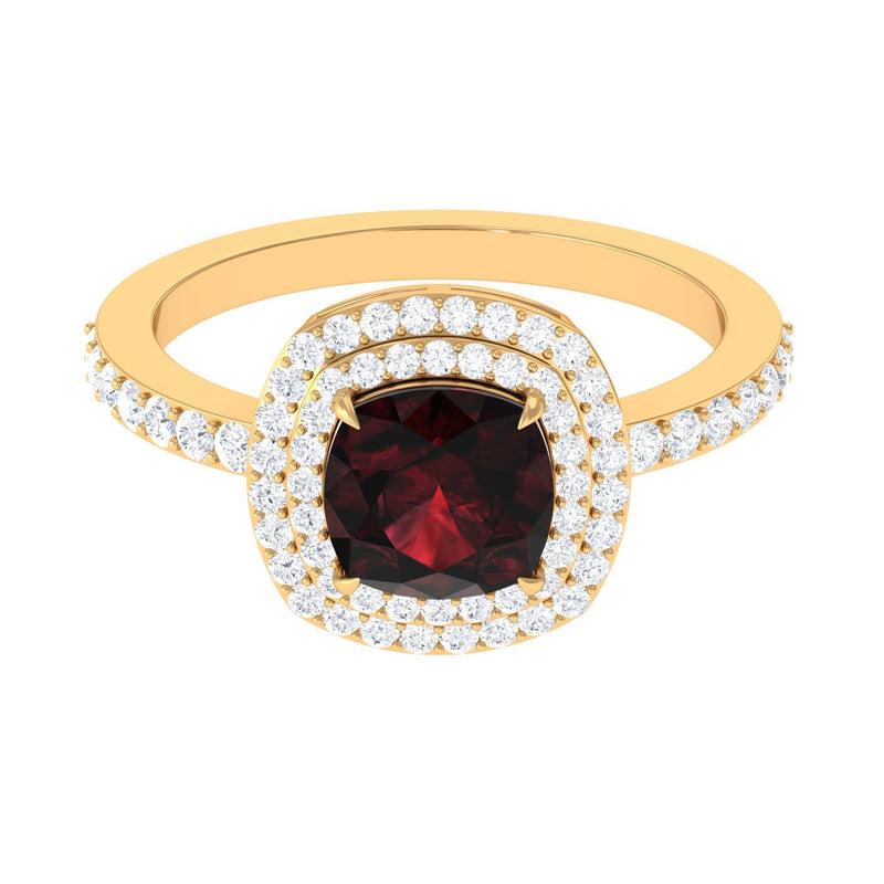 Natural 8mm Cushion Cut Garnet Diamond Double Halo Engagement Ring