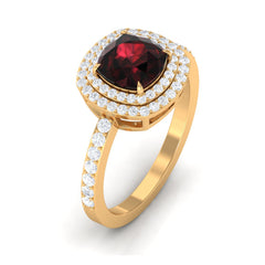 Natural 8mm Cushion Cut Garnet Diamond Double Halo Engagement Ring