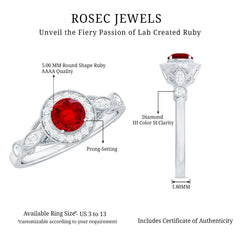 Antique Inspired Lab Created Ruby and Diamond Engagement Ring