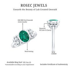 Certified Bezel Set Lab Grown Emerald Antique Looking Engagement Ring with Diamond