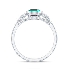 Certified Bezel Set Lab Grown Emerald Antique Looking Engagement Ring with Diamond