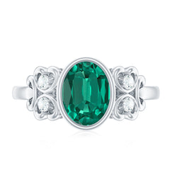 Certified Bezel Set Lab Grown Emerald Antique Looking Engagement Ring with Diamond