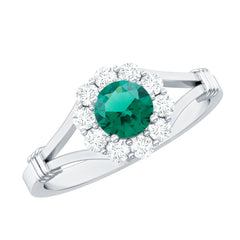 Certified 6mm Lab Grown Emerald Diamond Flower Engagement Ring with Split Shank