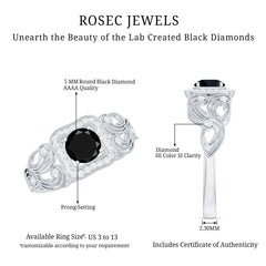Vintage Created Black Diamond and Diamond Milgrain Engagement Ring