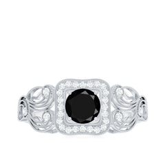 Vintage Created Black Diamond and Diamond Milgrain Engagement Ring