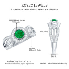 Real Emerald Diamond Vintage Looking Engagement Ring with Split Shank