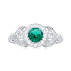 Certified Lab Grown Emerald Vintage Looking Engagement Ring with Diamond