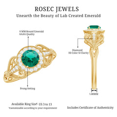 Certified Lab Grown Emerald Vintage Looking Engagement Ring with Diamond