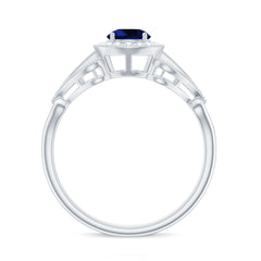 Certified 0.6 Carat Lab Grown Blue Sapphire Retro Engagement Ring with Diamond