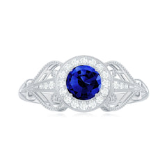 Certified 0.6 Carat Lab Grown Blue Sapphire Retro Engagement Ring with Diamond