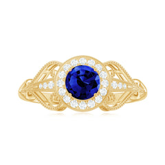 Certified 0.6 Carat Lab Grown Blue Sapphire Retro Engagement Ring with Diamond