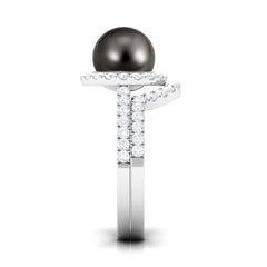 9 CT Tahitian Pearl and Diamond Halo Wedding Ring Set